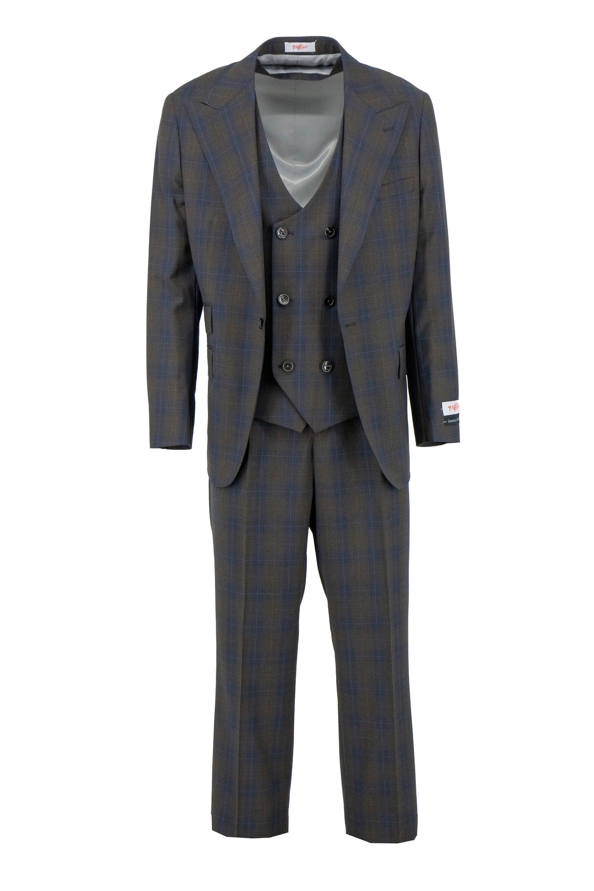 The Tiglio Rosso Orvietto suit features a brown/cobalt plaid design in 100% wool, with a blazer, double-breasted vest, and semi wide-leg trousers—a classic three-piece look from Tiglio Rosso.