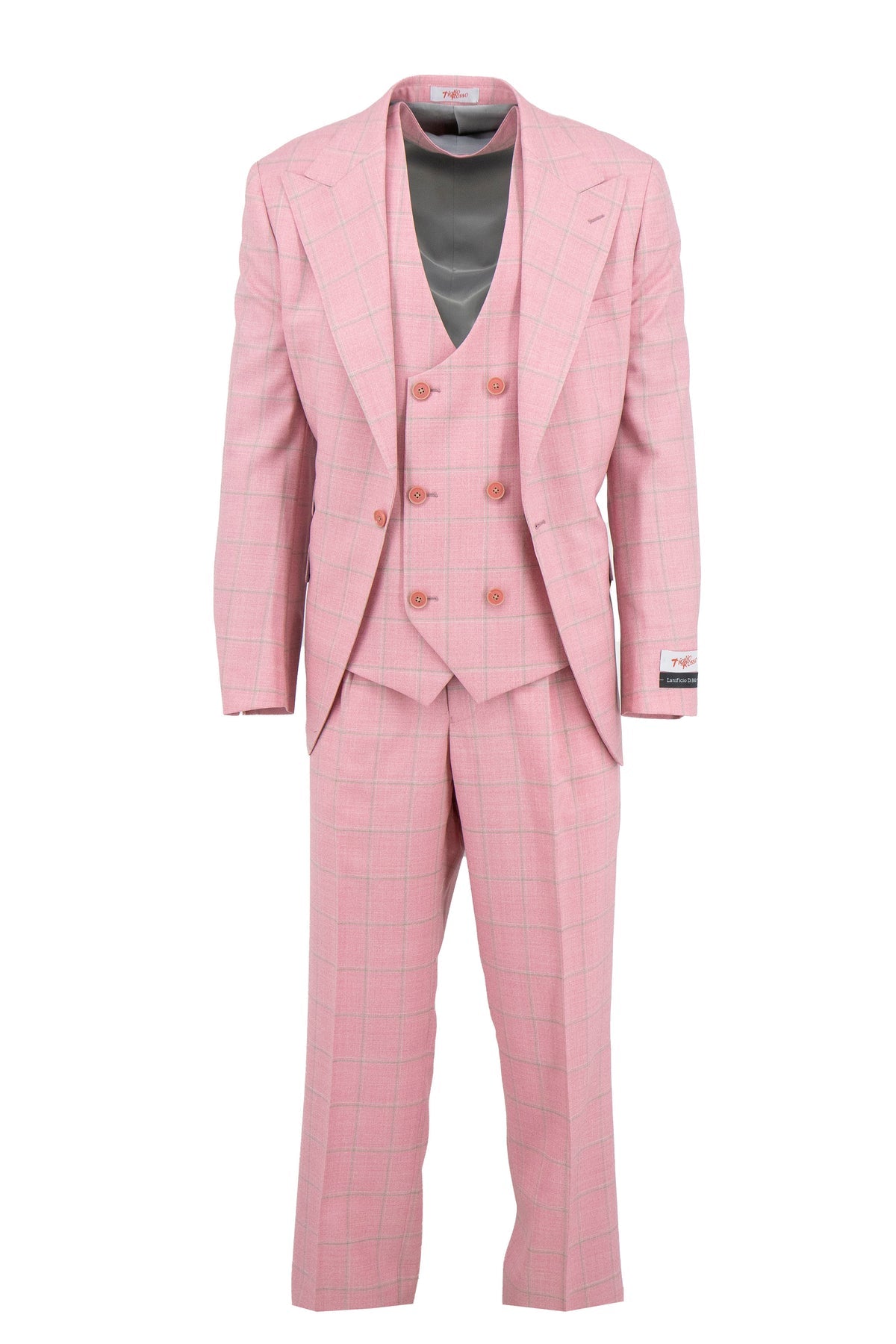 The Tiglio Rosso Orvietto Semi Wide Leg Rouge/Tan Windowpane TL8300 is a 100% wool three-piece suit by Tiglio Rosso, featuring a blazer, vest, and trousers in pink plaid, shown on a white background.