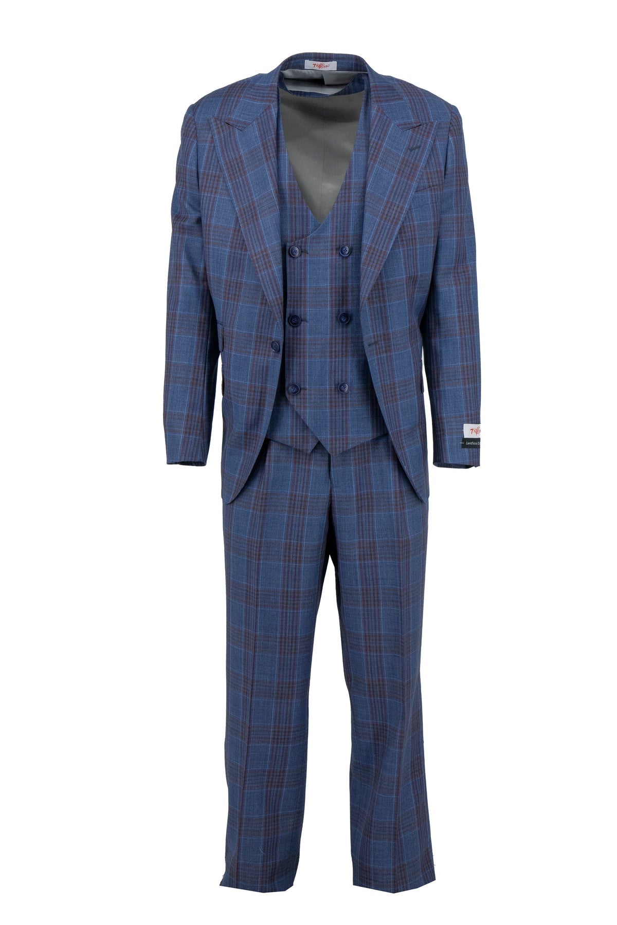 The Tiglio Rosso Orvietto Semi Wide Leg Denim Blue/Red TL8314 suit features a blazer and matching trousers, displayed on a white background.
