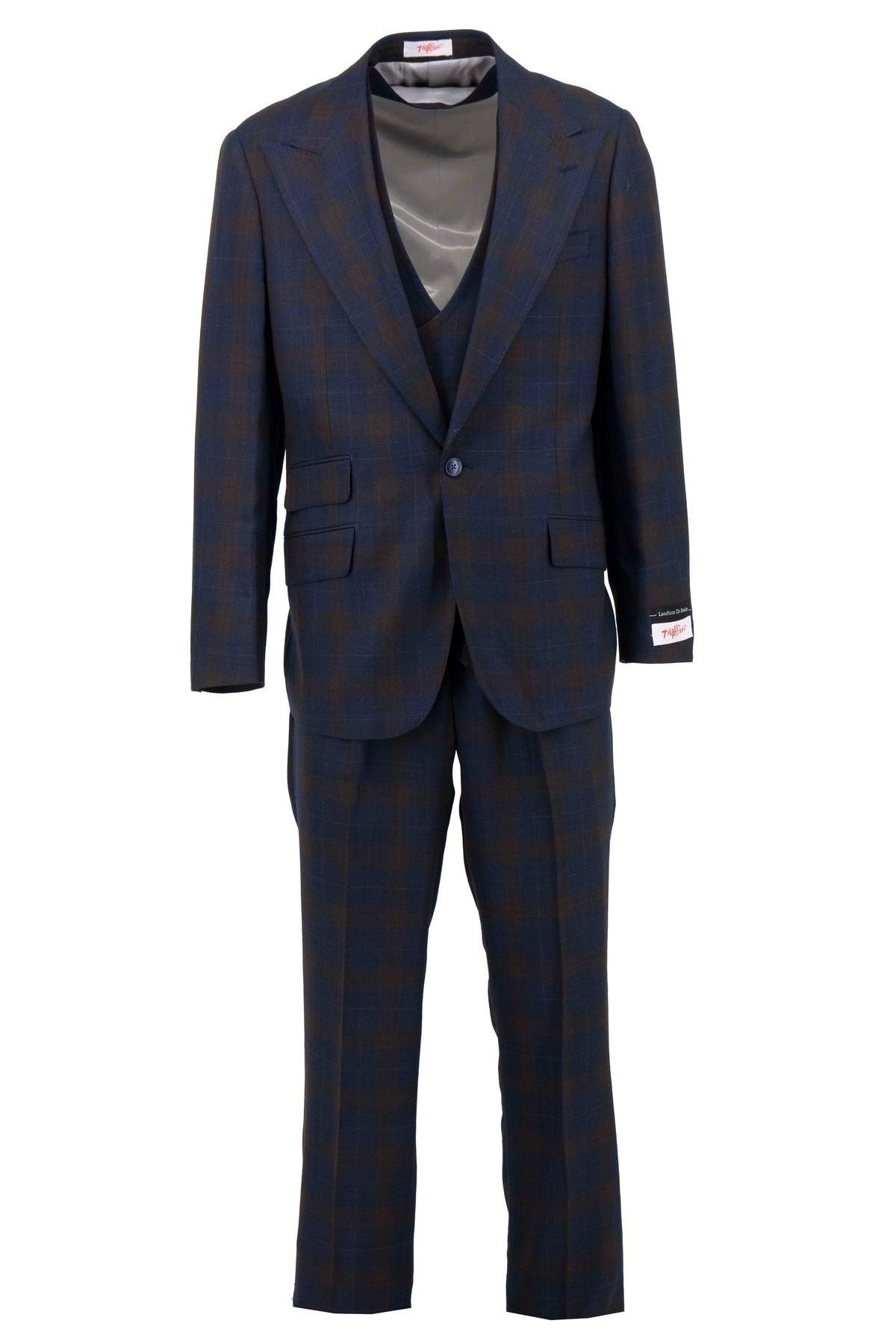The Tiglio Rosso Orvietto Navy & Brown Windowpane Semi Wide Leg TL7506 suit, crafted from 100% wool and displayed on a white background with sleeve labels, showcases the elegance of Tiglio Rosso.