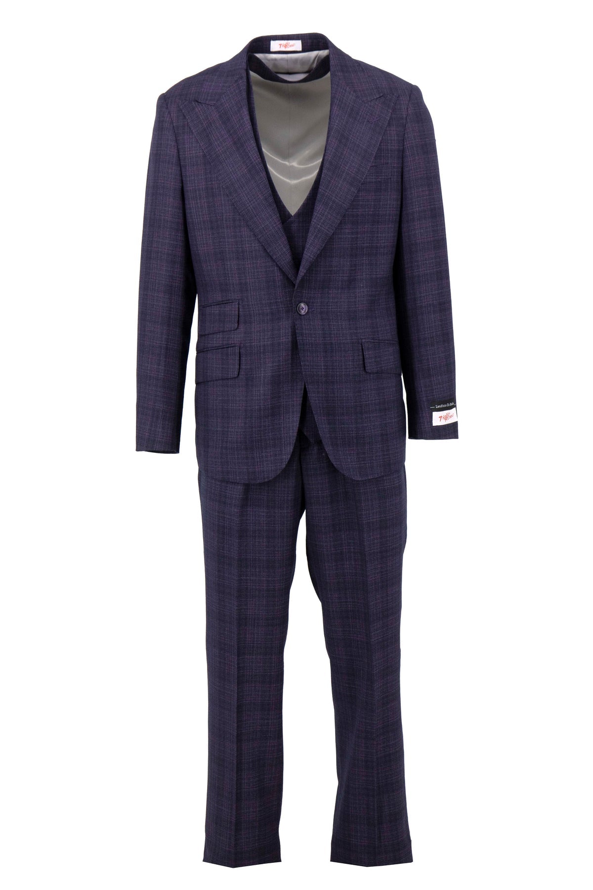 The Tiglio Rosso Orvietto Purple Checkered semi wide-leg suit, crafted by Tiglio Rosso, is elegantly presented with a single-button jacket and matching pants on a white background.