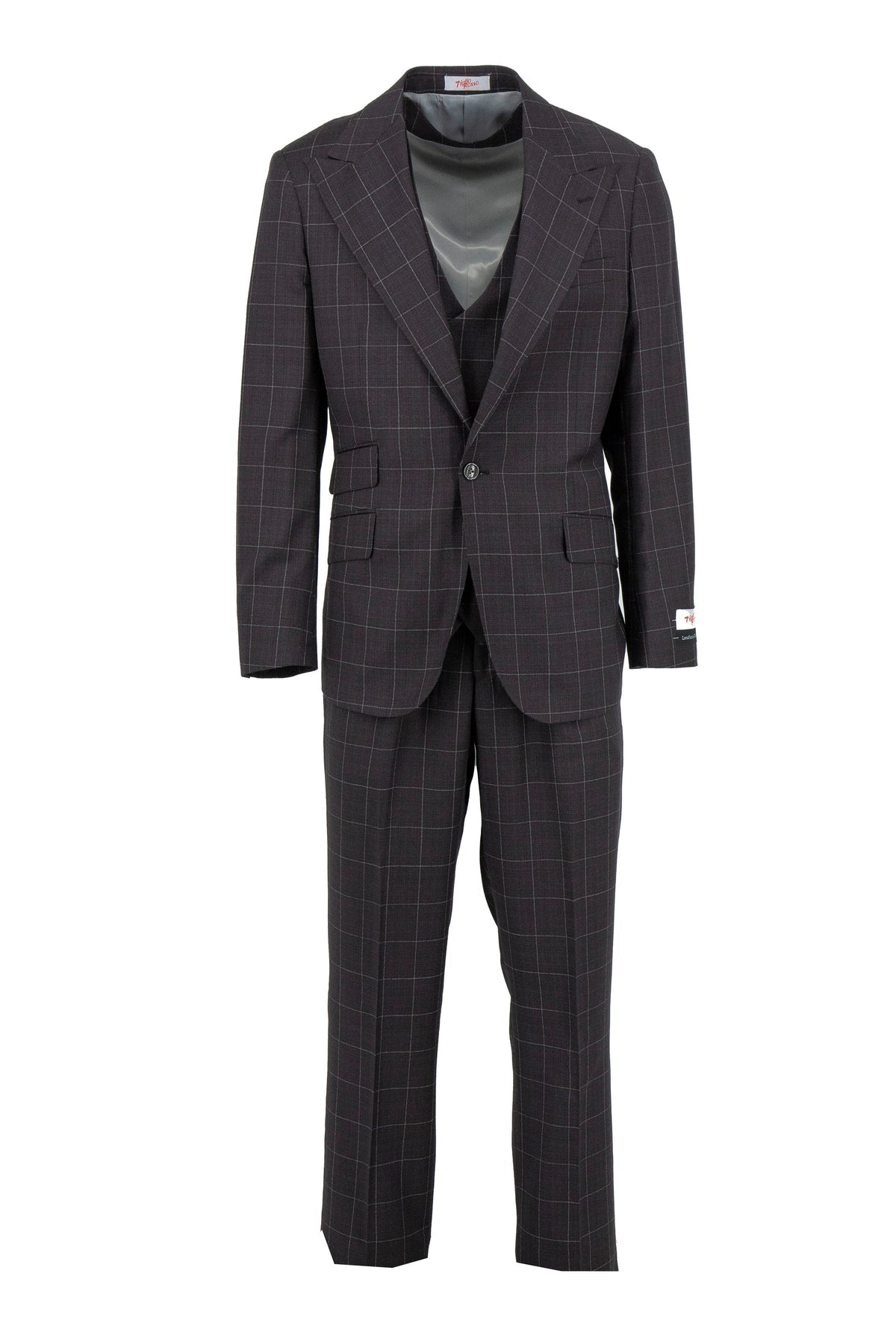 The Tiglio Rosso Orvietto Semi Wide Leg Brown/White Windowpane TL7045 is a 100% wool two-piece suit with a single-breasted blazer and matching trousers, displayed on a white background.