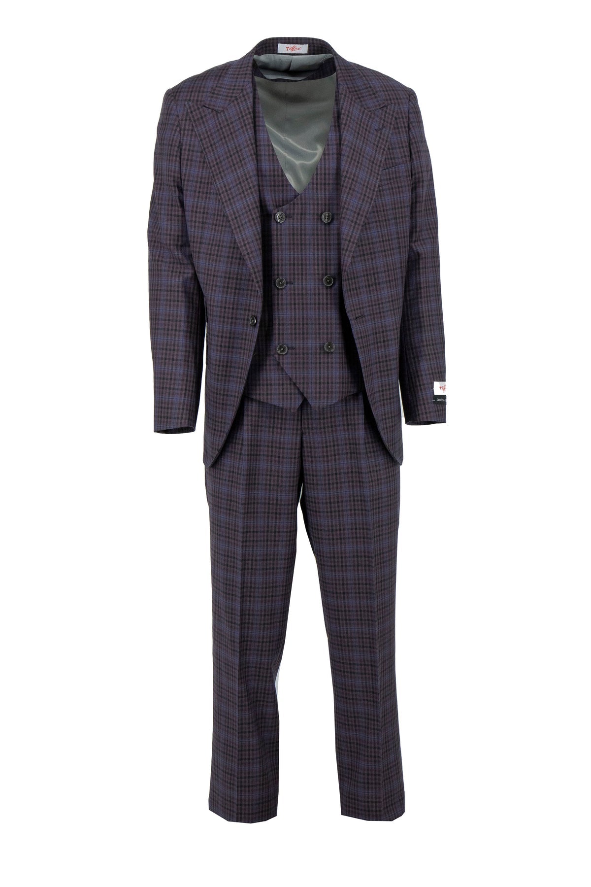 The Tiglio Rosso Orvietto Semi Wide Leg Eggplant/Black Check TL7522 is a two-piece 100% wool suit by Tiglio Rosso, featuring a single-breasted plaid jacket and matching trousers, shown on a white background.