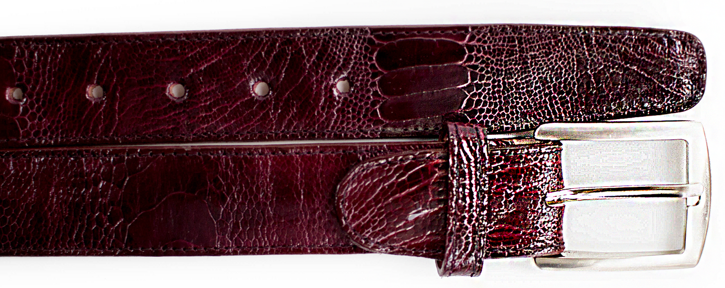 A close-up of the BELVEDERE Belvedere Ostrich Leg Belt Dark Burgundy 2000 in size 44, featuring a silver buckle, multiple adjustment holes, and a distinctive ostrich leg texture.