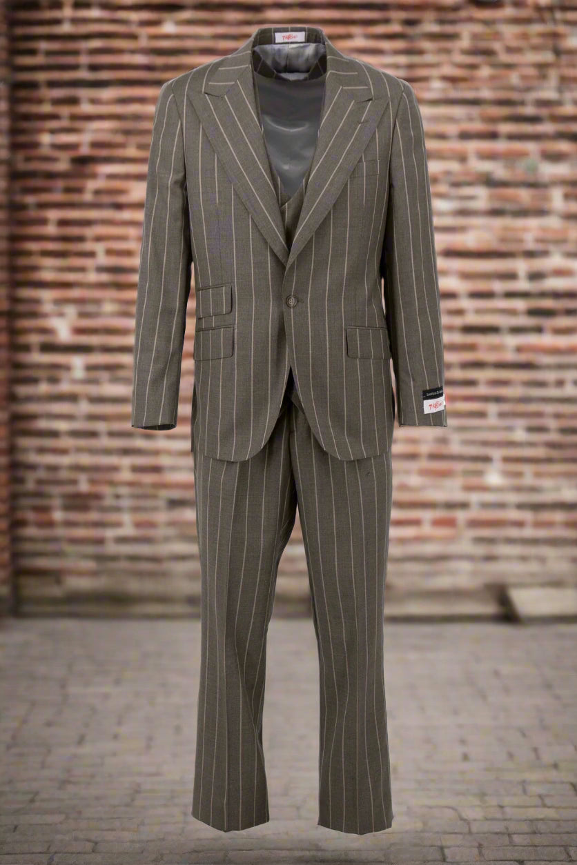 The Tiglio Rosso Orvietto Taupe Pinstripe Semi Wide Leg TL5065 suit, made from 100% wool, includes a single-breasted jacket and matching trousers, stylishly presented on a white backdrop.