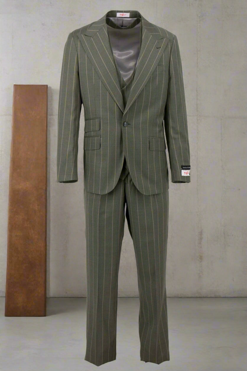 The Tiglio Rosso Orvietto Sage Green Stripe (TL5066) suit, made from 100% wool, includes a single-breasted jacket and semi wide-leg trousers, seen against a plain white background.