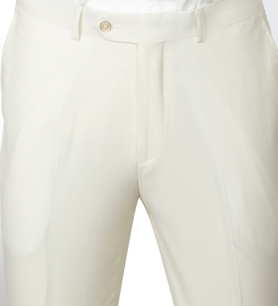 A man wearing the Tiglio Luxe Novello Off-White Pure Wool Men’s Suit, paired with a crisp white shirt and black tie, stands facing forward with a neutral expression against a plain white background.