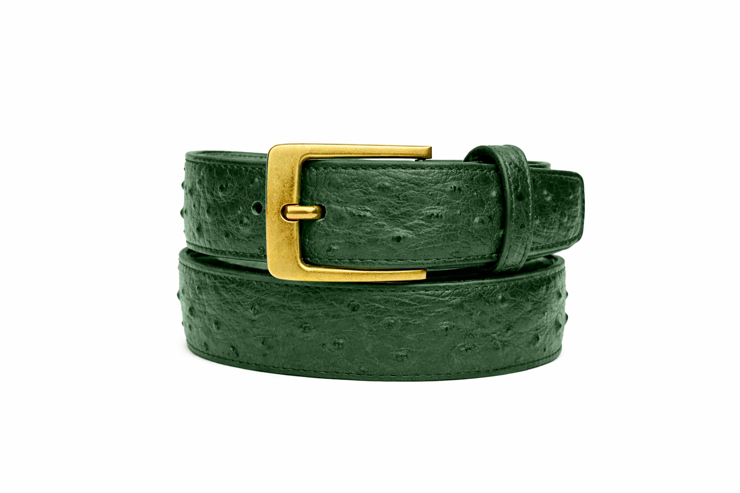 The BELVEDERE Belvedere Ostrich Quill Belt Forest Green 2001 features dark green textured ostrich leather, a stitched loop, evenly spaced holes, a rectangular gold buckle, and is displayed on a white background.