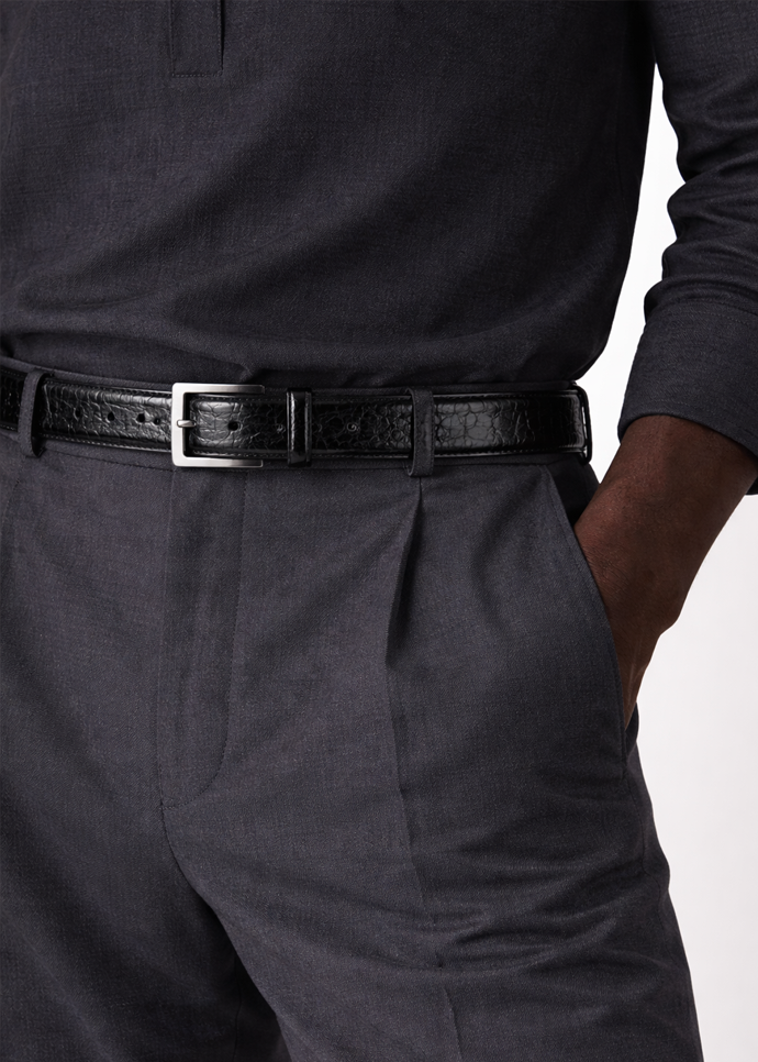 The BELVEDERE Belvedere Ostrich Leg Belt Black 2000 features a black ostrich leg leather strap, silver rectangular buckle, size 44 fit, and adjustment holes, shown from front and back views.