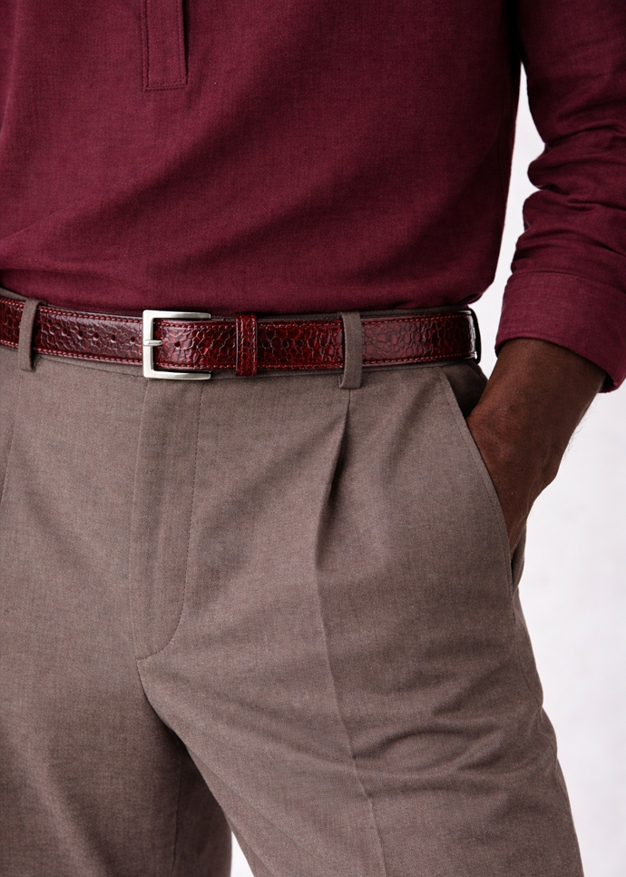 A close-up of the BELVEDERE Ostrich Leg Belt Dark Burgundy 2000, featuring textured leather, five holes, a matching loop, and a silver rectangular buckle. Shown here in size 44.