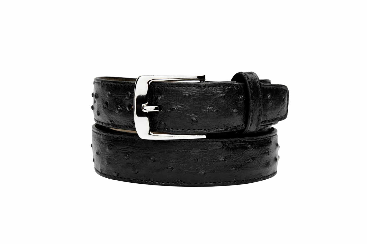 BELVEDERE Belvedere Ostrich Quill Belt Black 2001 features black ostrich quill leather, an adjustable fit with multiple holes, and a silver rectangular buckle. Shown laid flat. Available in size 44.