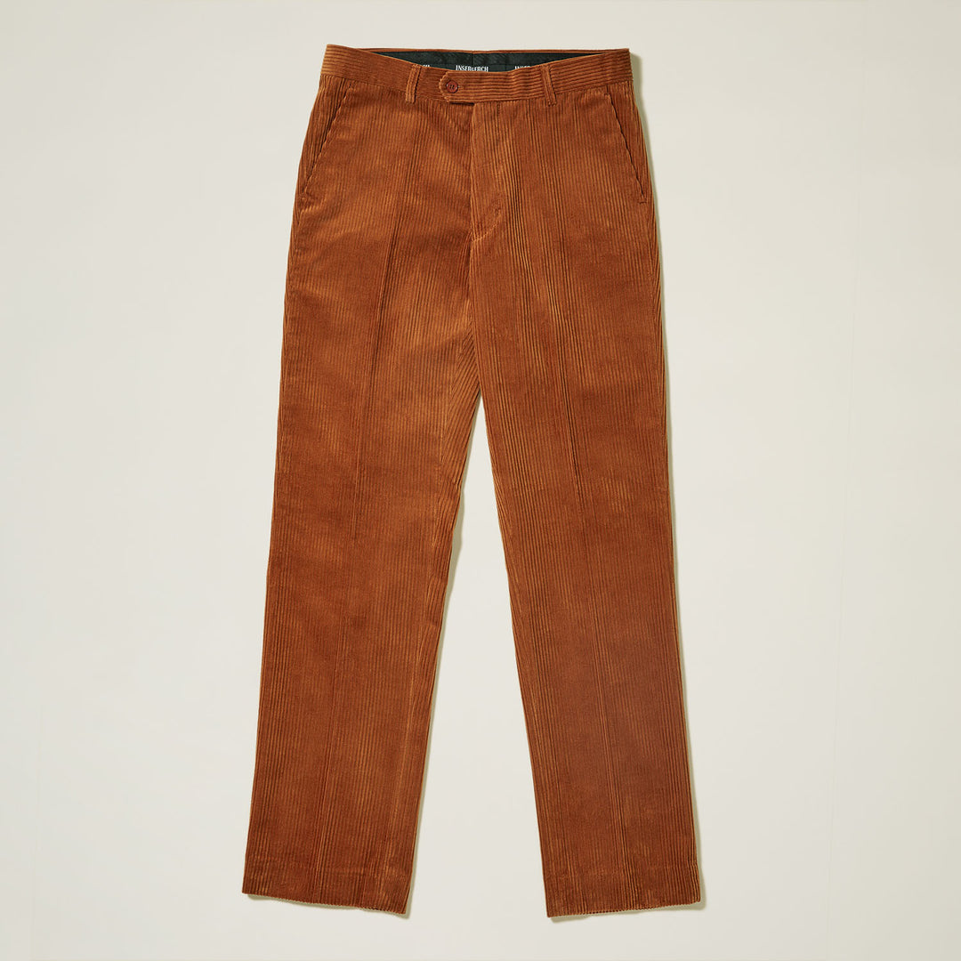 The Inserch Cotton Corduroy Pants P3103-05 Caramel, a modern-fit corduroy pant with side pockets and belt loops by Inserch, is shown laid flat on a light background.