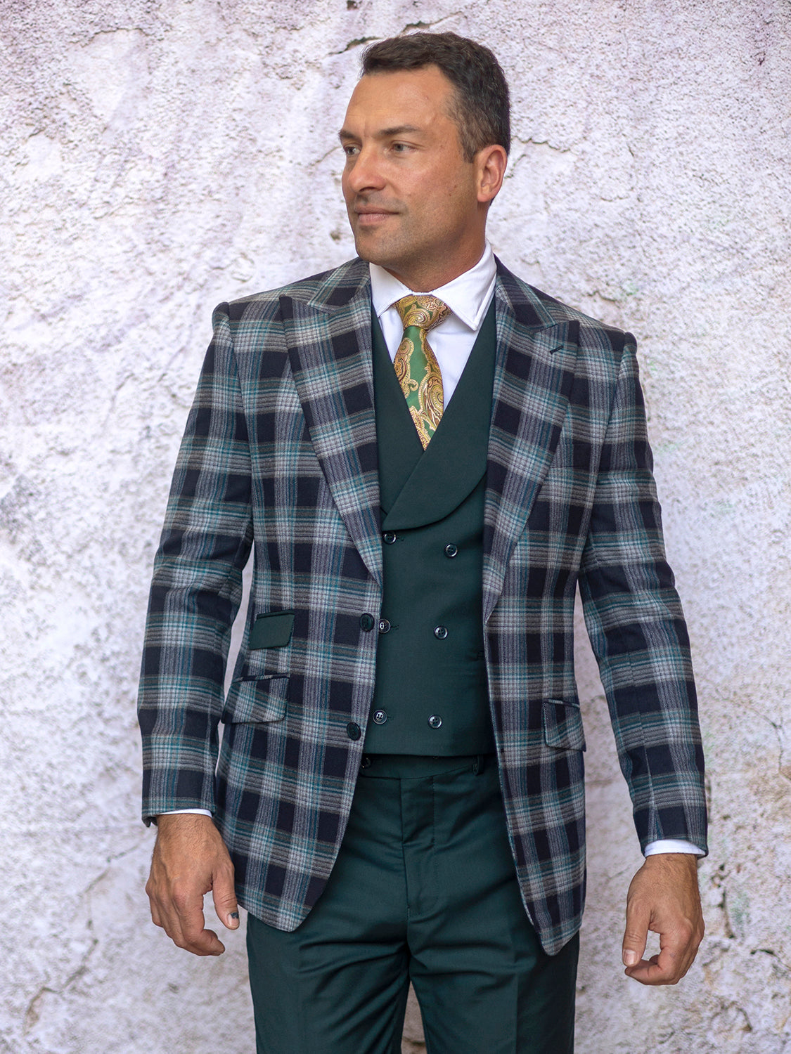 MANZINI PARIS-1 Men's 3-Piece Tailored Fit Plaid Business Suit Hunter Unique Design Menswear MANZINI PARIS-1 Men's 3-Piece Tailored Fit Plaid Business Suit Hunter Unique Design Menswear