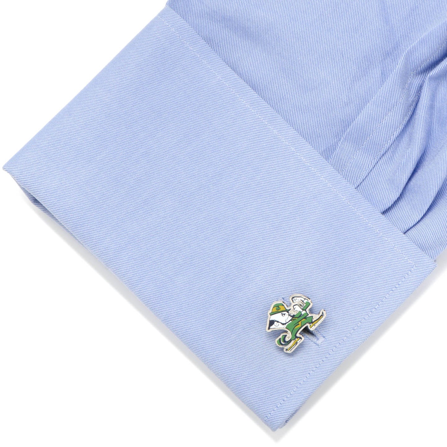 NCAA Notre Dame University Fighting Leprechaun Cufflinks by Cufflinks.com feature the mascot in a fighting pose with a green suit, shamrock hat, and yellow shoes—a spirited gift for Notre Dame fans and NCAA cufflink collectors.