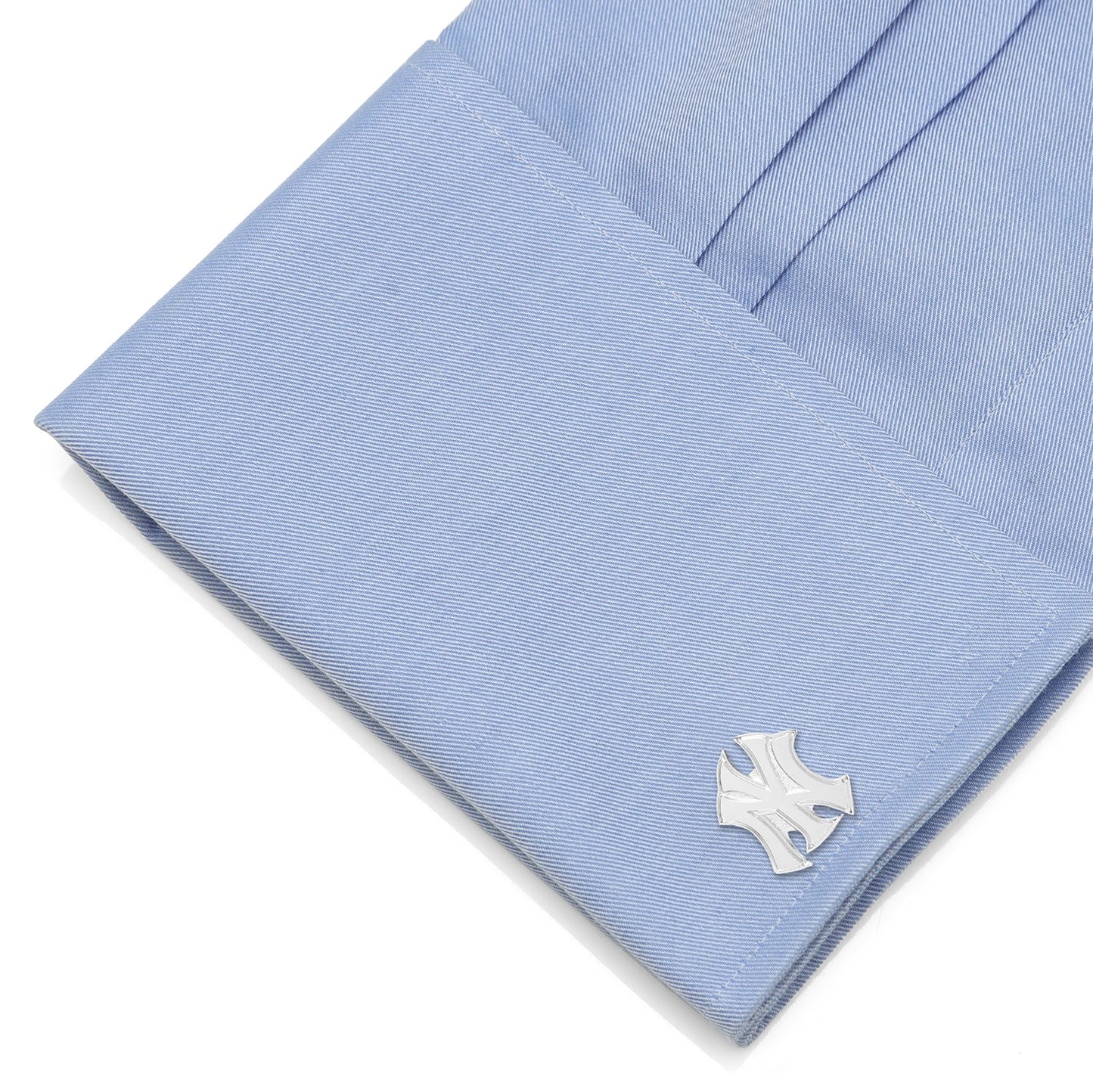 MLB New York Yankees Silver Logo Cufflinks by Cufflinks.com, shaped like the Yankees logo and shown on a white background.