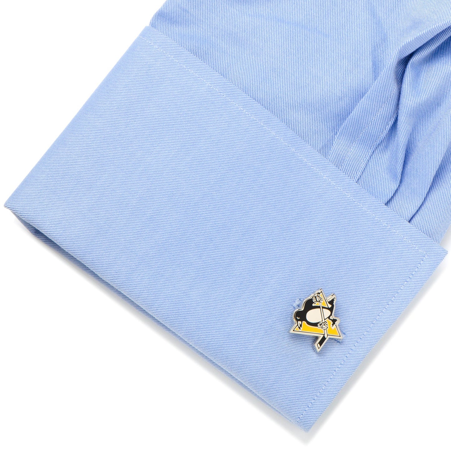 NHL Pittsburgh Penguins Cufflinks by Cufflinks.com, showcasing the team's black and white penguin mascot with hockey stick on a yellow triangle background.