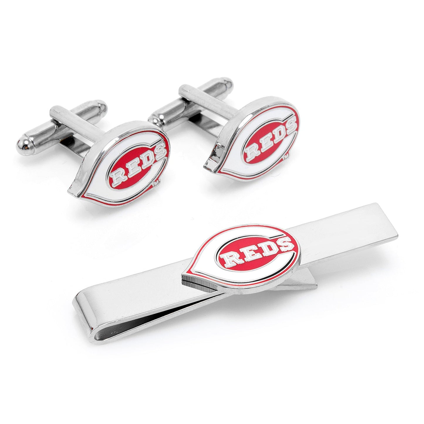 The Cincinnati Reds Cufflinks and Tie Bar Gift Set by Cufflinks.com features silver accessories with the team's red and white logo.