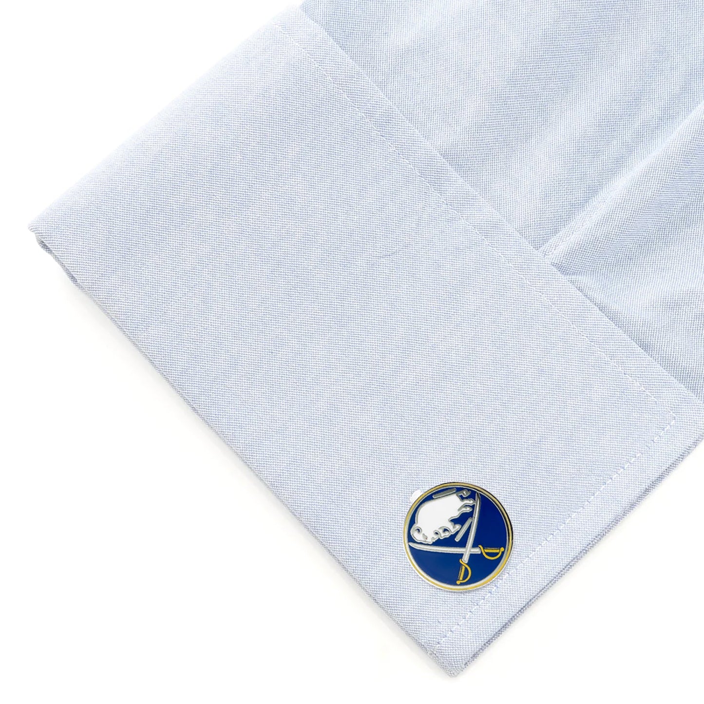 The NHL Buffalo Sabres Cufflinks by Cufflinks.com feature a white buffalo and crossed sabers on blue with yellow accents—officially licensed accessories perfect for any dedicated hockey fan.