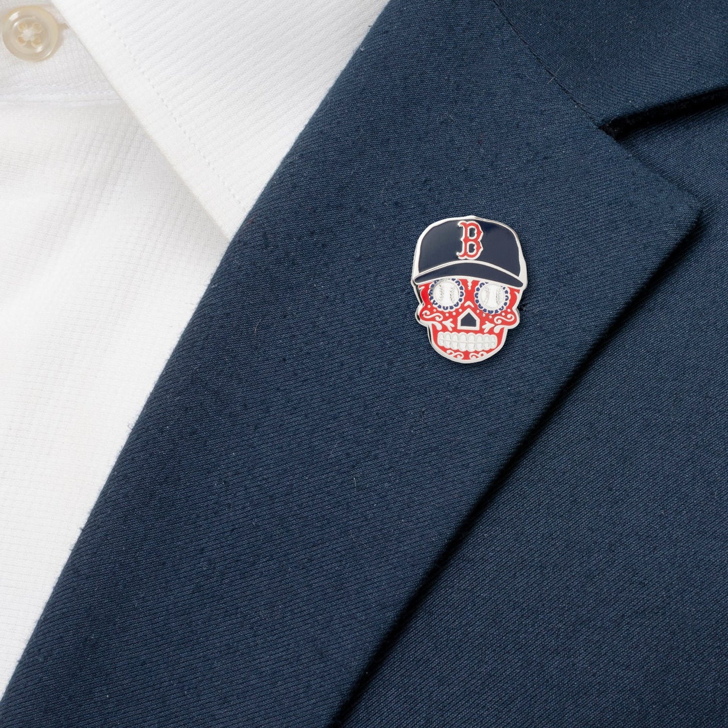 Show your team spirit with the MLB Boston Red Sox Sugar Skull Lapel Pin by Cufflinks.com, featuring baseball-stitched eyes, a navy cap with a red "B" logo, and red and white accents—perfect for fans and collectors.