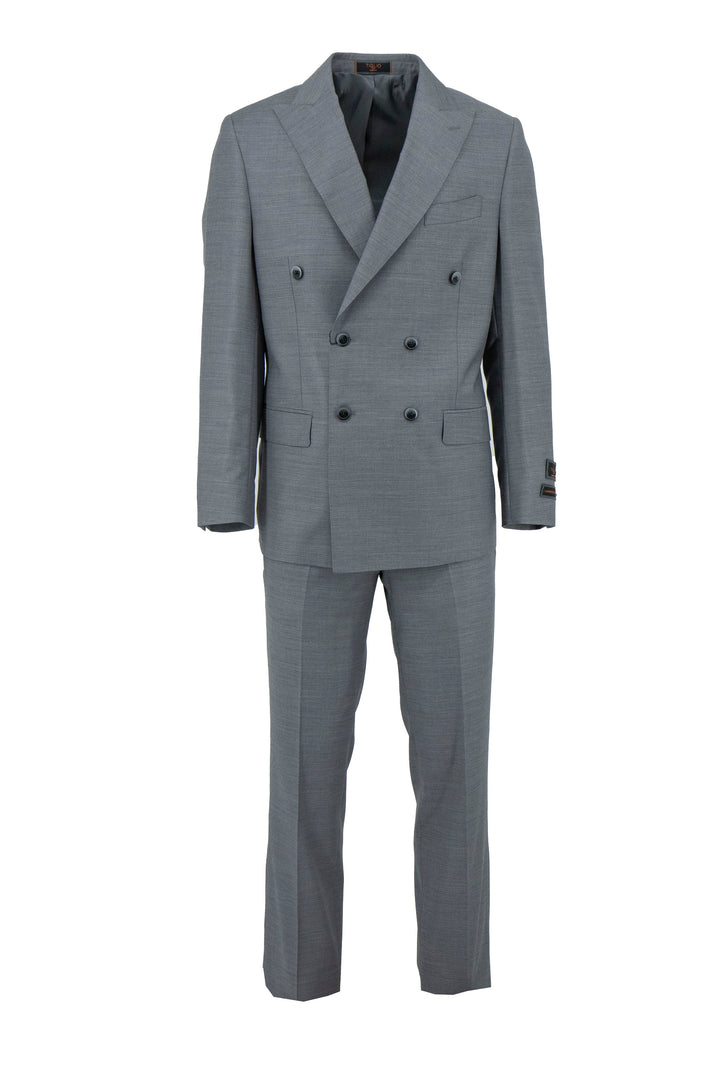 The Tiglio Luxe Light Gray Pistoia Modern Fit Men’s Suit (E09063/26) is crafted from pure Italian wool with peak lapels, black buttons, and matching trousers, displayed on a white background.