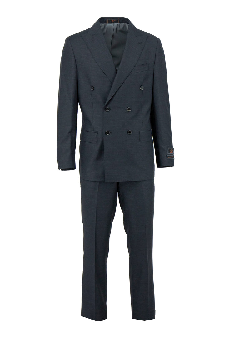 The Tiglio Luxe Charcoal Pistoia Modern Fit Pure Wool Men’s Suit TIG1010 features a double-breasted design with notch lapels, button detailing, and matching trousers—showcasing Tiglio Luxe’s timeless craftsmanship.