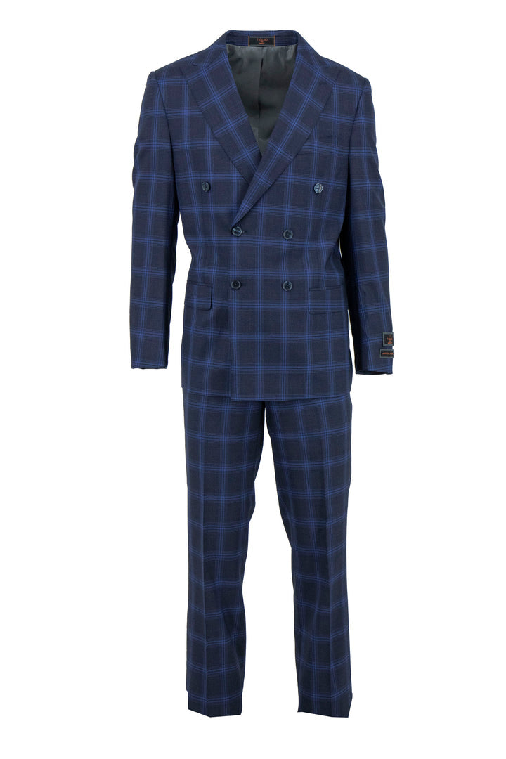 The Tiglio Luxe Navy with Light Blue Windowpane Pistoia TL4235 is a modern fit men’s suit in pure wool, featuring a matching jacket and trousers, displayed on a white background.