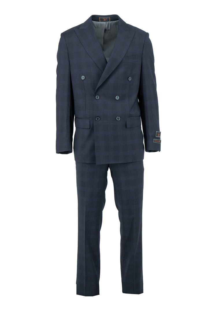 The Tiglio Luxe Black and Light Blue Windowpane Pistoia Modern Fit Pure Wool Men’s Suit (TL7072) features a blazer and matching trousers in a stylish windowpane pattern, shown on a white background.