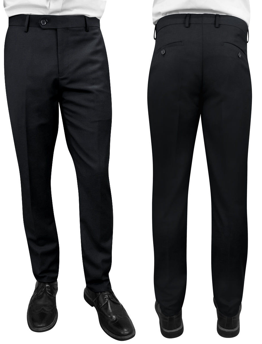 A front and back view of a person wearing Statement Clothing's SLIM FIT PANTS PL-100-BLACK, styled with black shoes.