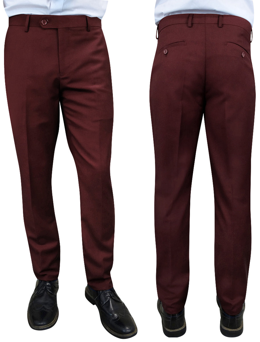 Front and back view of the STATEMENT CLOTHING | SLIM FIT PANTS PL-100-BURGUNDY being worn, paired with black shoes and a white shirt.