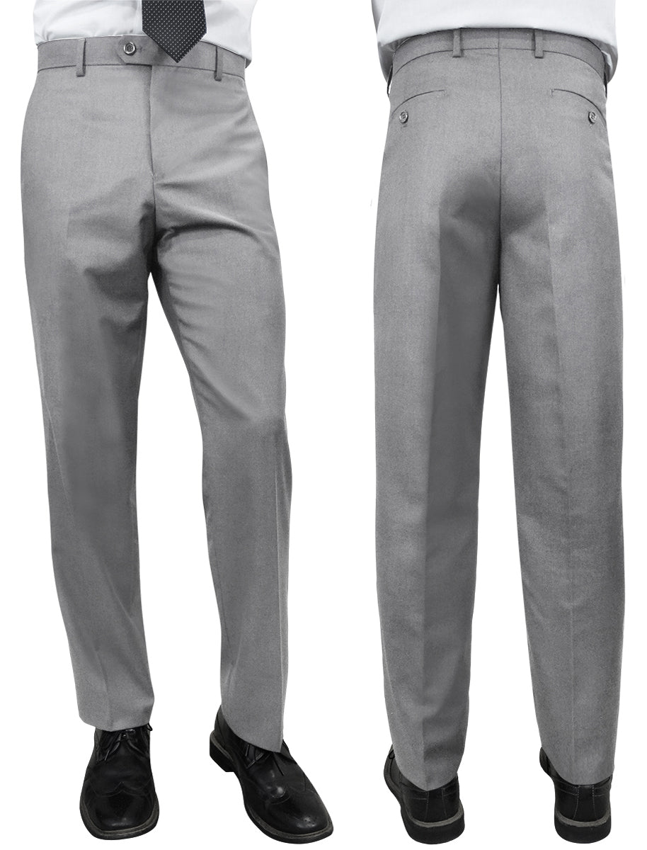 Two perspectives showcasing an individual dressed in Statement Clothing's slim fit gray pants, model number PL-100-GREY, paired with black shoes. The elegant flat front design is visible from both the front and back views.