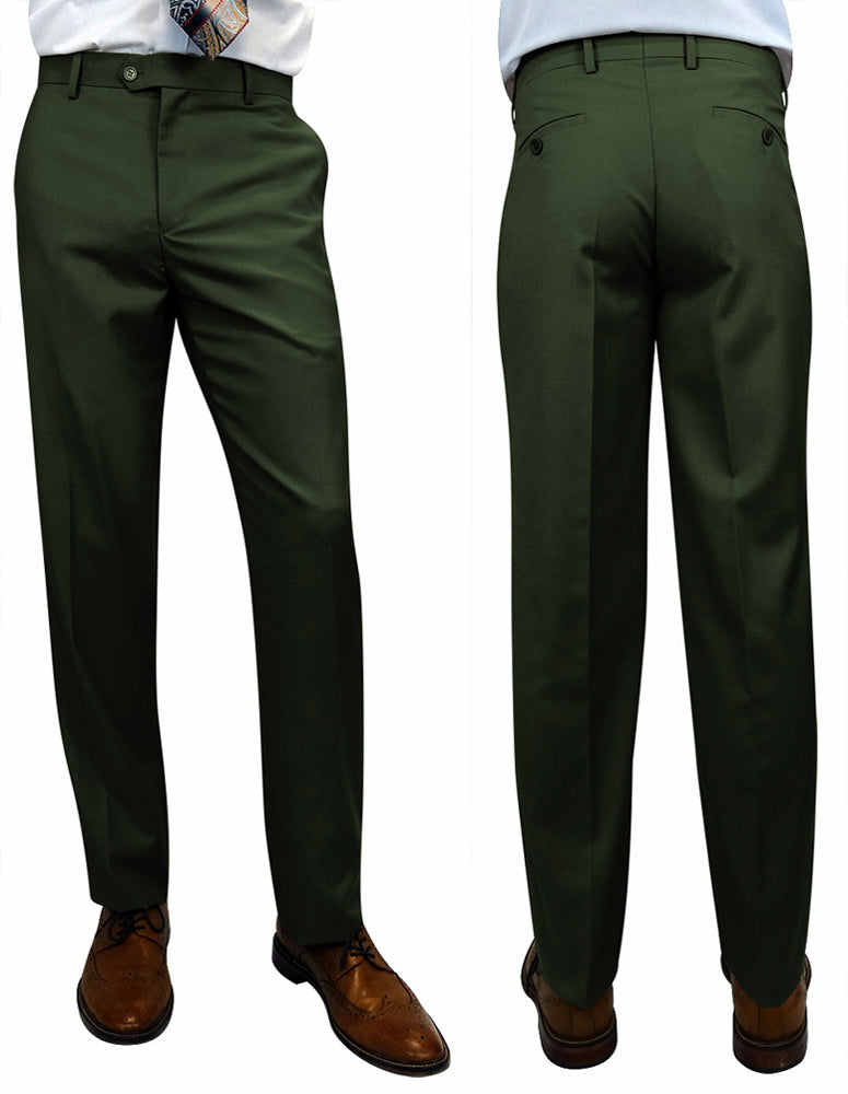 A view from the front and back of someone wearing hunter green Statement Clothing slim fit pants, style number PL-100-HUNTER, paired with brown dress shoes.