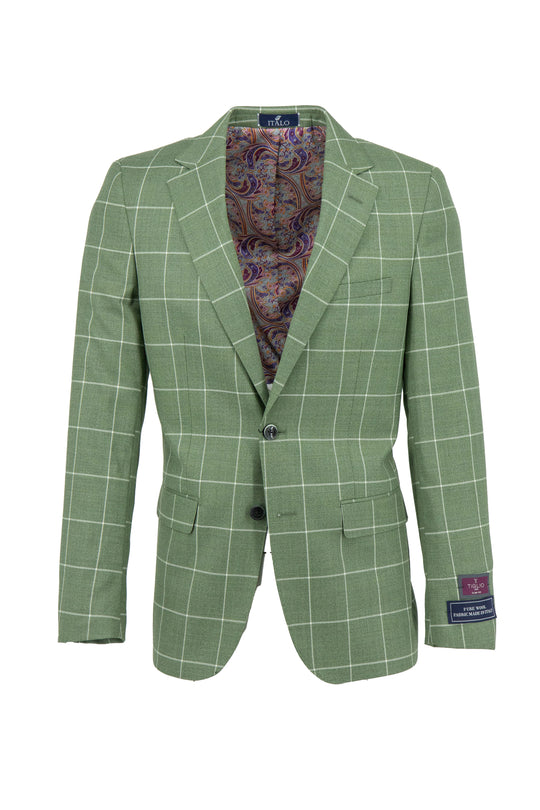 Tiglio Luxe Sage Green with Cream Windowpane Porto Slim Fit Pure Wool Blazer TL8073 features two buttons, front pockets, and a paisley inner lining—a standout luxury men's jacket from Tiglio Luxe.