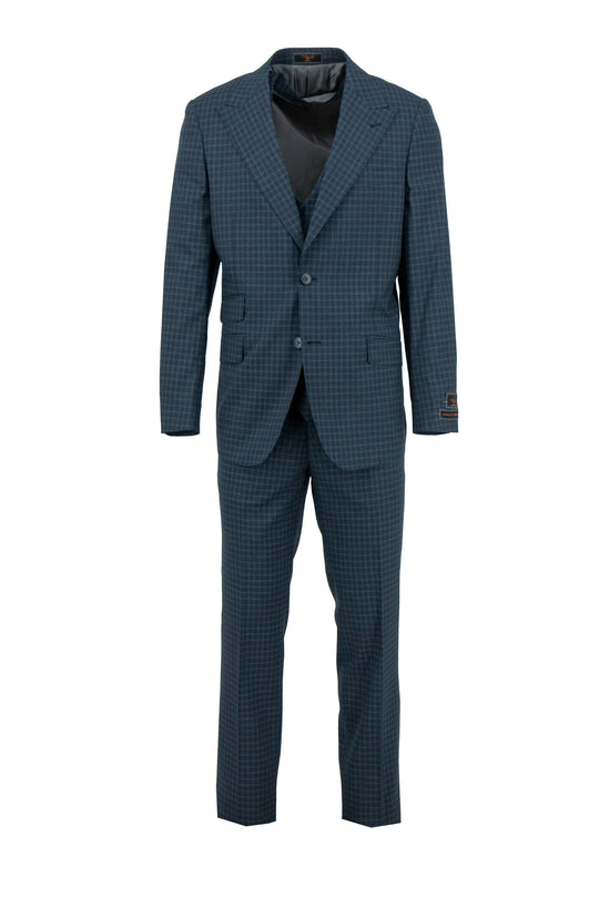 The Tiglio Luxe Navy with Mini Green Windowpane Prosecco Modern Fit Pure Wool Suit & Vest TL4228 features a jacket, double-breasted vest, and matching trousers, shown on a white background.