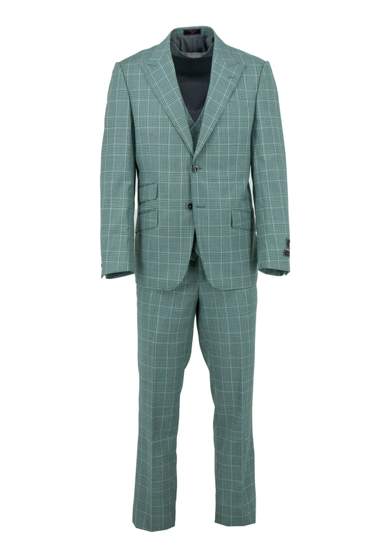 The Tiglio Luxe Sage Green with Windowpane Prosecco Modern Fit Pure Wool Suit & Vest (TL5588) is showcased on a mannequin against a white background.