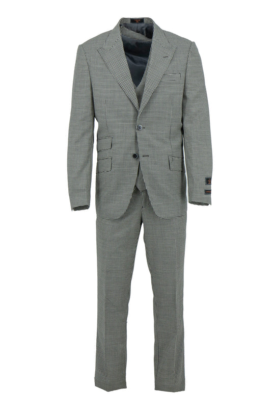 The Tiglio Luxe Prosecco suit features a black and white mini houndstooth pattern in modern fit pure wool, including a single-breasted blazer, double-breasted vest, and matching trousers—luxury tailoring at its finest.