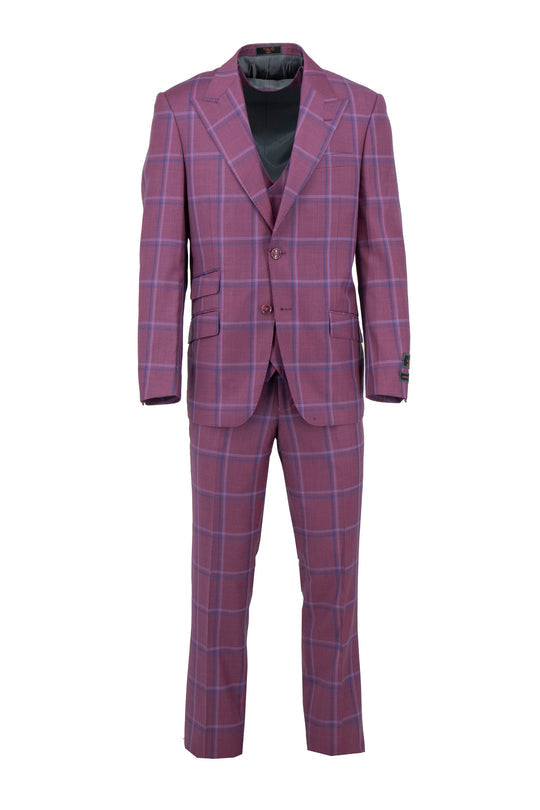 The Tiglio Luxe Boysenberry with Blue Windowpane Prosecco modern fit pure wool suit & vest (TL6334) features a jacket, double-breasted vest, and pants—showcasing fine Italian craftsmanship on a white background.