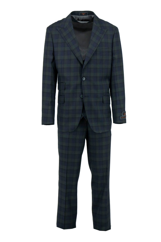 The Tiglio Luxe Navy and Green Plaid Prosecco Modern Fit Pure Wool Suit & Vest TL7500 features a notch lapel jacket, matching vest, and trousers. A standout men's suit from Tiglio Luxe, shown on a white background.