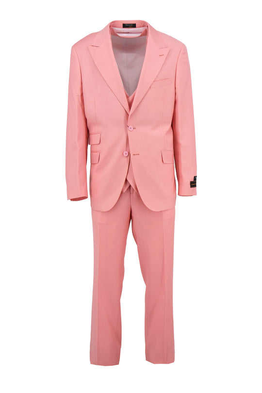The Tiglio Luxe Coral Prosecco Modern Fit Pure Wool Suit & Vest TL2626 for men features a light pink hue, single-breasted jacket, matching trousers, and vest—all inspired by Italian tailoring and displayed on a white background.