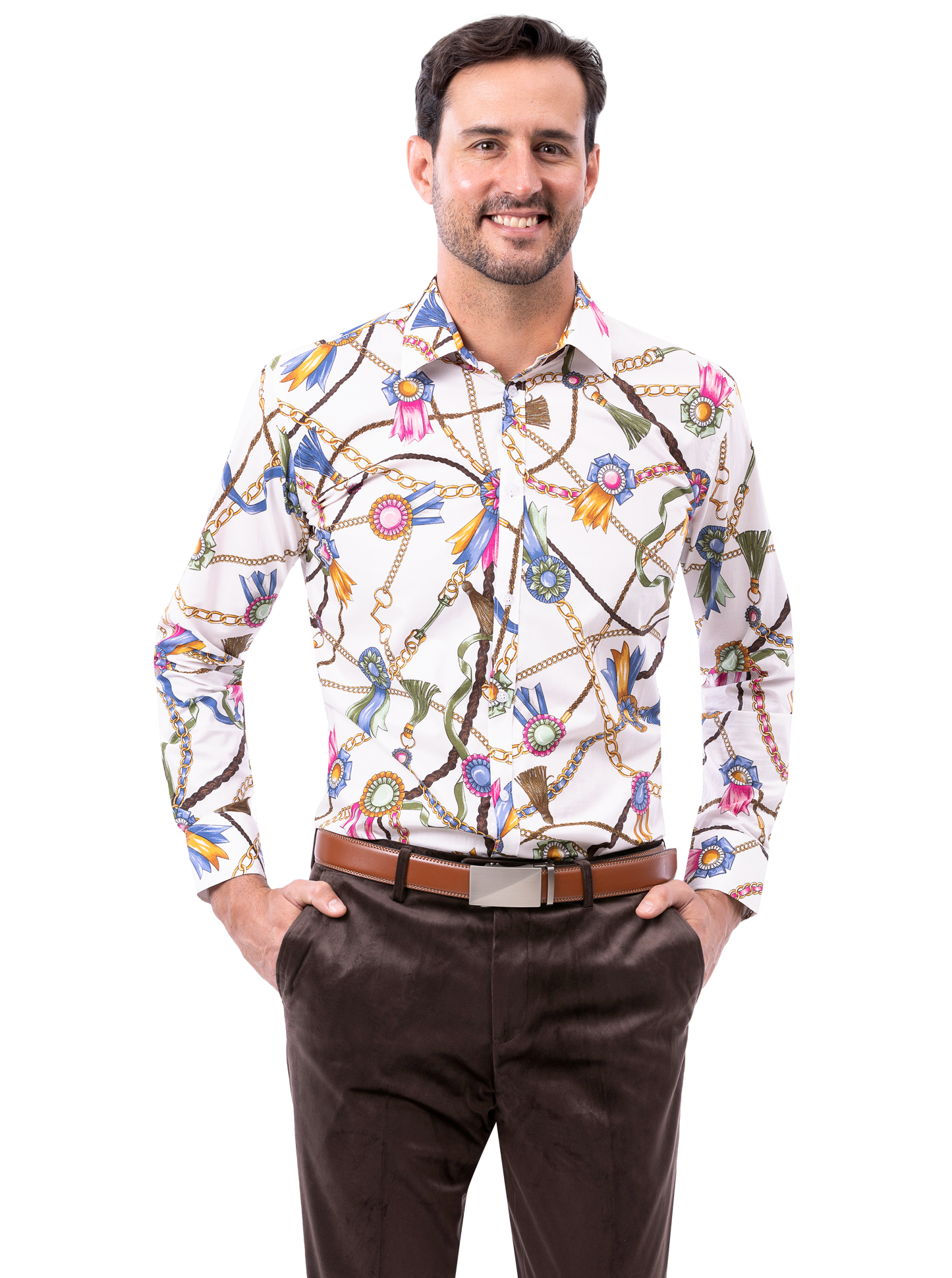 A man wearing a colorful, patterned shirt is standing with his hands in his pockets, showcasing the EJ Samuel Brown Pants PV01 by EJ SAMUEL.