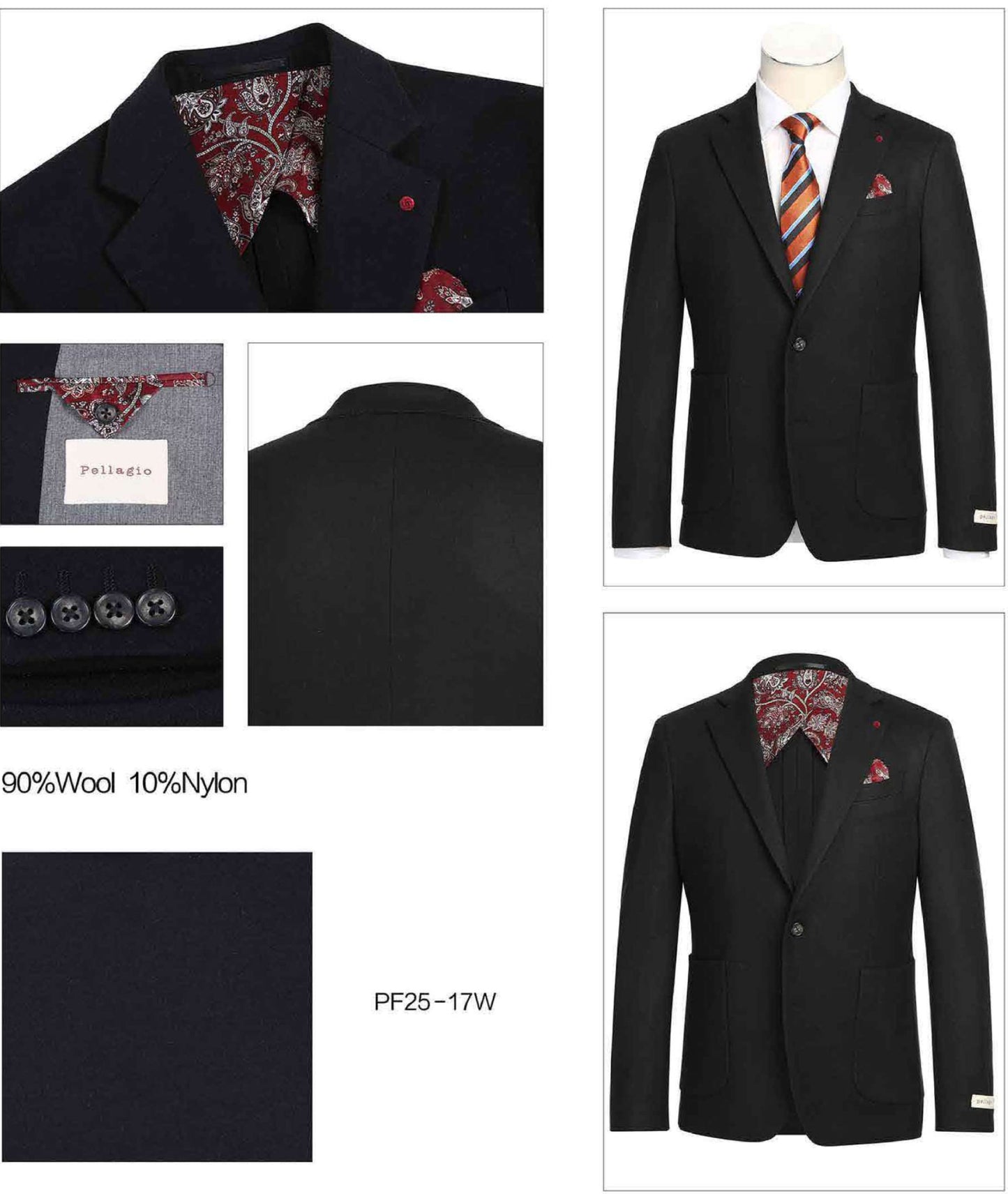 The Pellagio Men's Slim Fit Riserva Jacket Black PF25-17W by Pellagio, styled with a white dress shirt, striped orange tie, and patterned pocket square, is displayed on a headless mannequin.