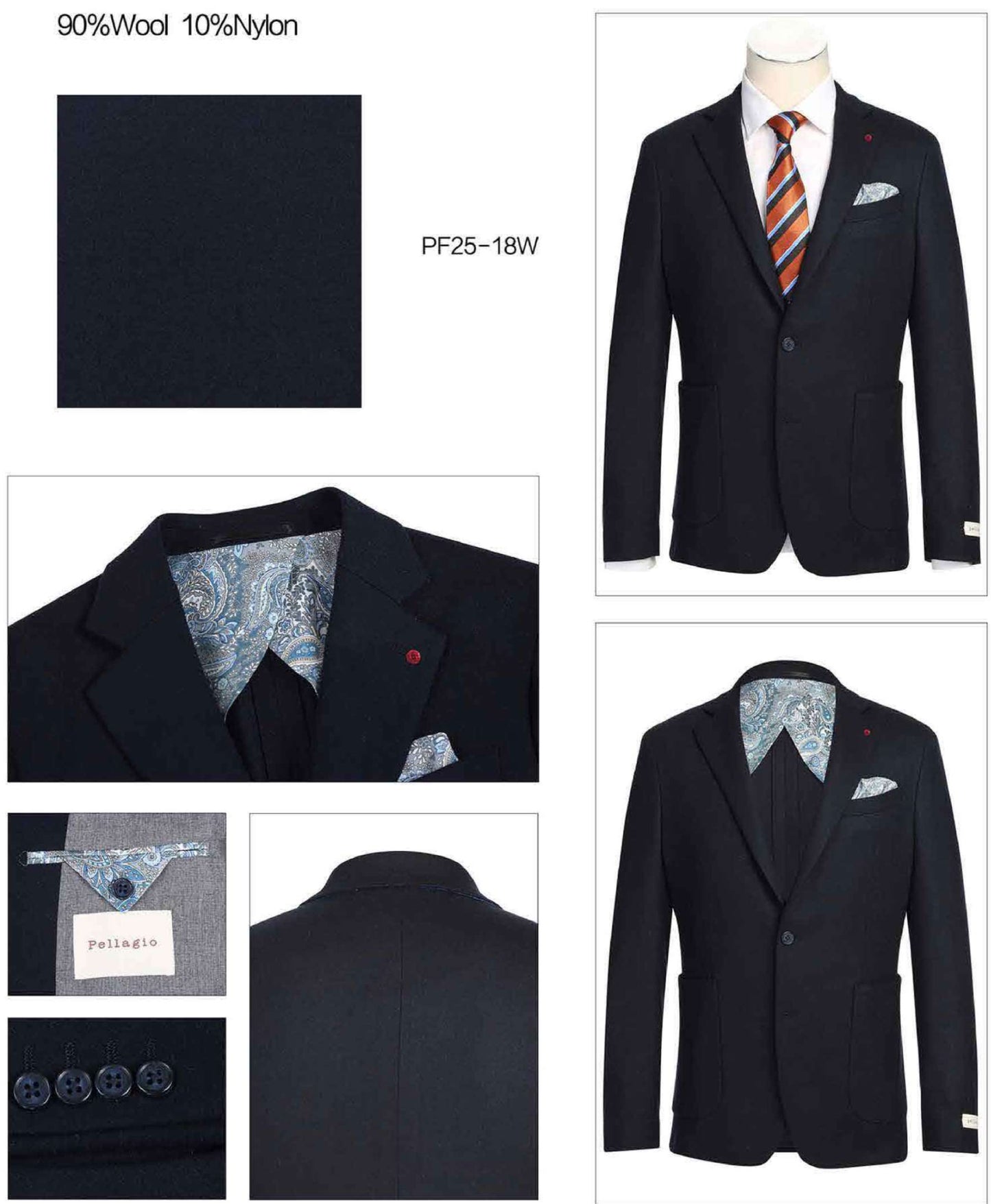 The Pellagio Men's Slim Fit Riserva Jacket Navy PF25-18W by Pellagio is displayed on a mannequin, paired with a white dress shirt, striped tie, and patterned pocket square.