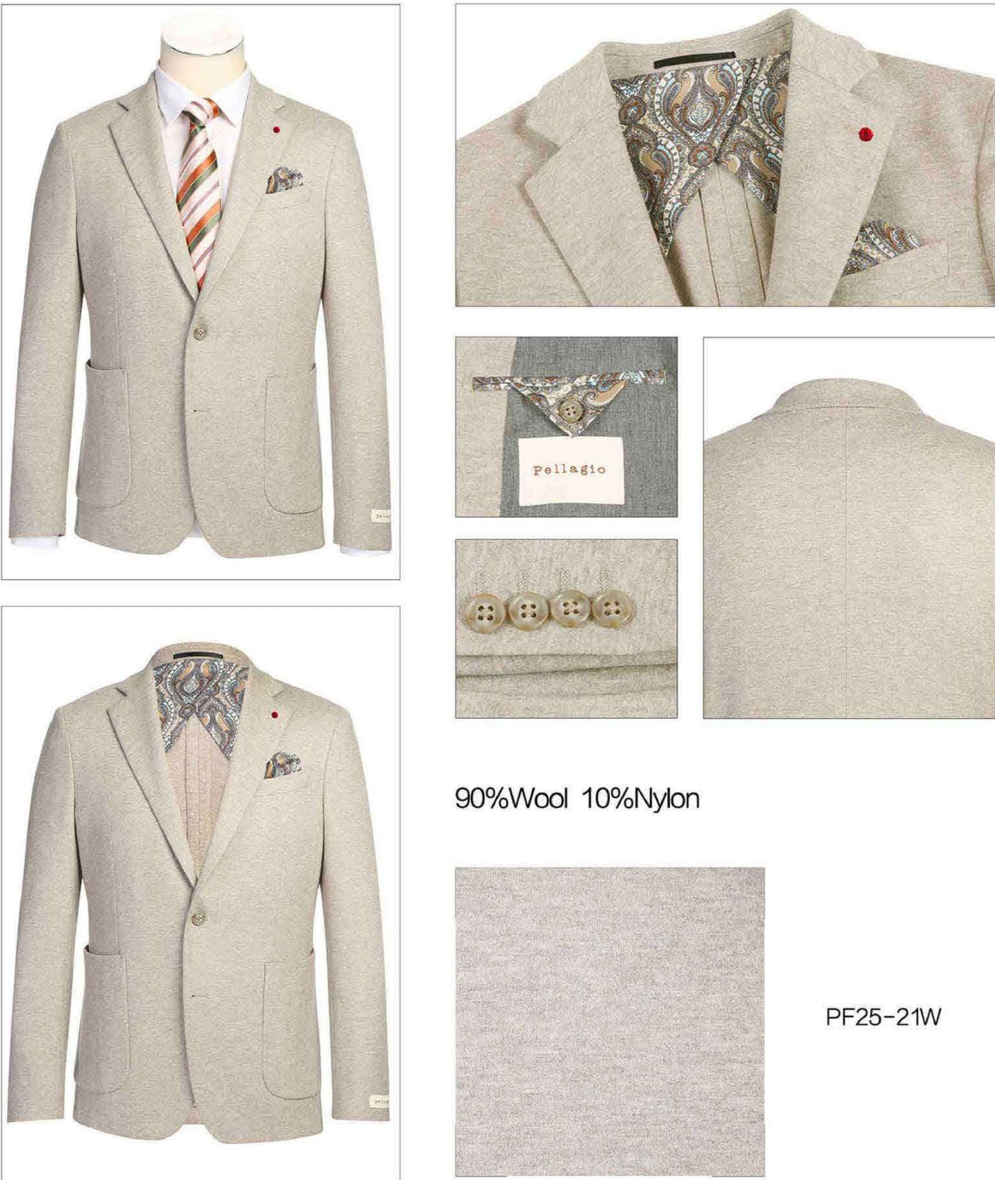 The Pellagio Men's Slim Fit Riserva Jacket Beige PF25-21W features two front pockets, button closure, a patterned pocket square, and striped tie over a white shirt, displayed on a mannequin.