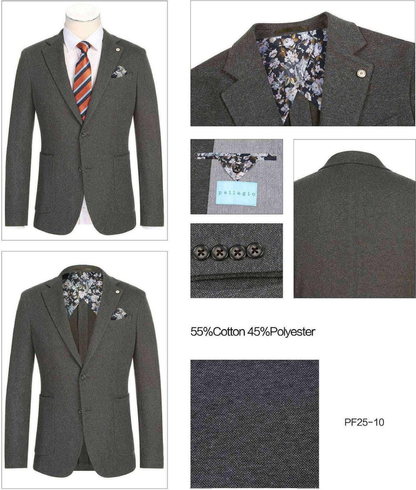The Pellagio Men's Slim Fit Riserva Jacket in charcoal (PF25-10) is styled with a white dress shirt, a striped orange and blue tie, and a patterned pocket square, all displayed on a mannequin.