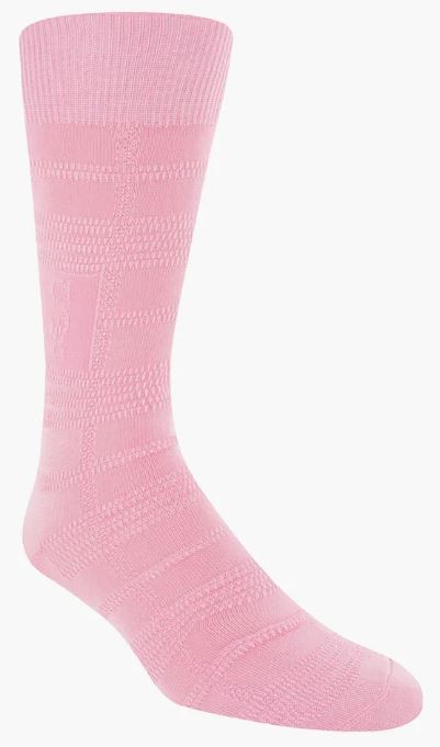 A Stacy Adams Tonal Plaid Pink Dress Sock by ORIGINS, featuring a subtle plaid pattern, designed to fit men's sizes 8-13, set against a white background.