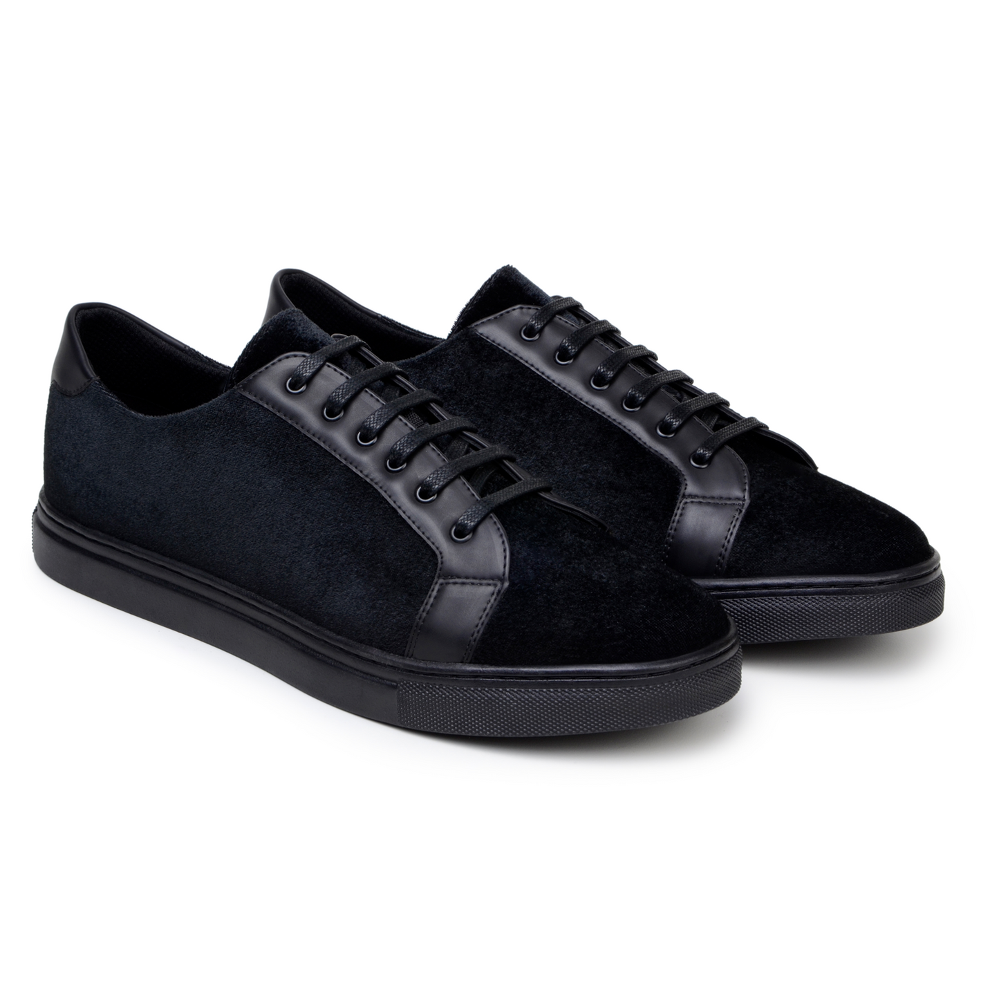 The BELVEDERE Belvedere - Prince is a black sneaker featuring velvet and matte leather, black laces, a cushioned insole, and a black rubber sole. Shown in side profile against a white background.