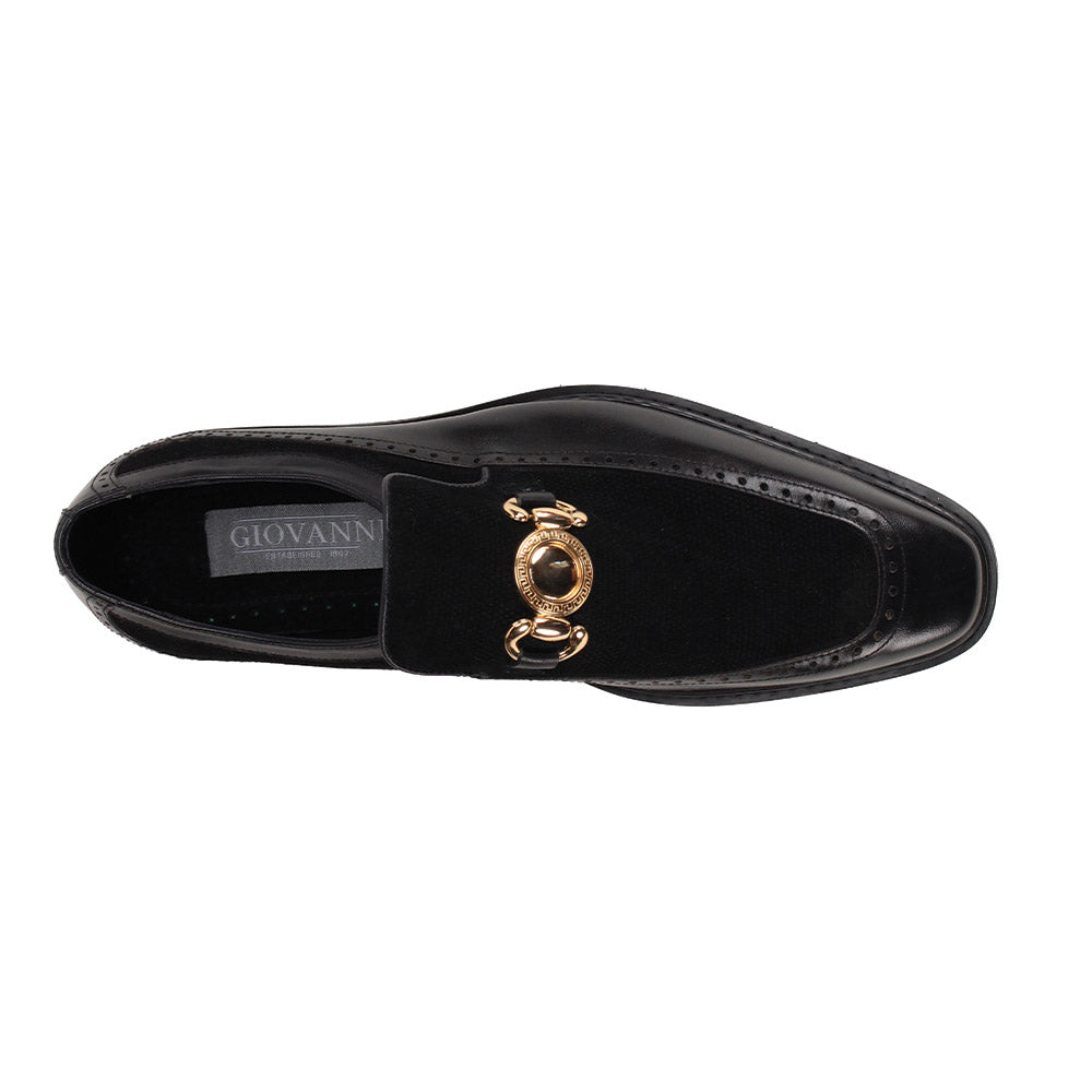 The GIOVANNI Giovanni Roger Black Leather Shoes are men's slip-on loafers featuring a gold buckle, moc toe, textured upper, leather sides, and a black sole with a blue stripe and ridged tread.