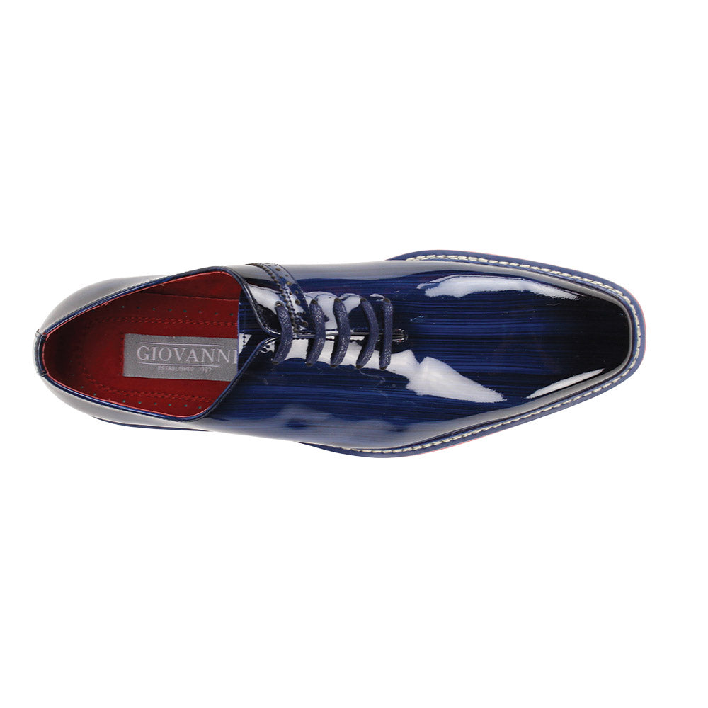 The GIOVANNI Giovanni Ruben Cobalt Patent Leather Shoes feature a glossy blue finish, red lining, blue laces, a lightweight white sole with pink and black trim, plain toe design, and genuine leather construction.
