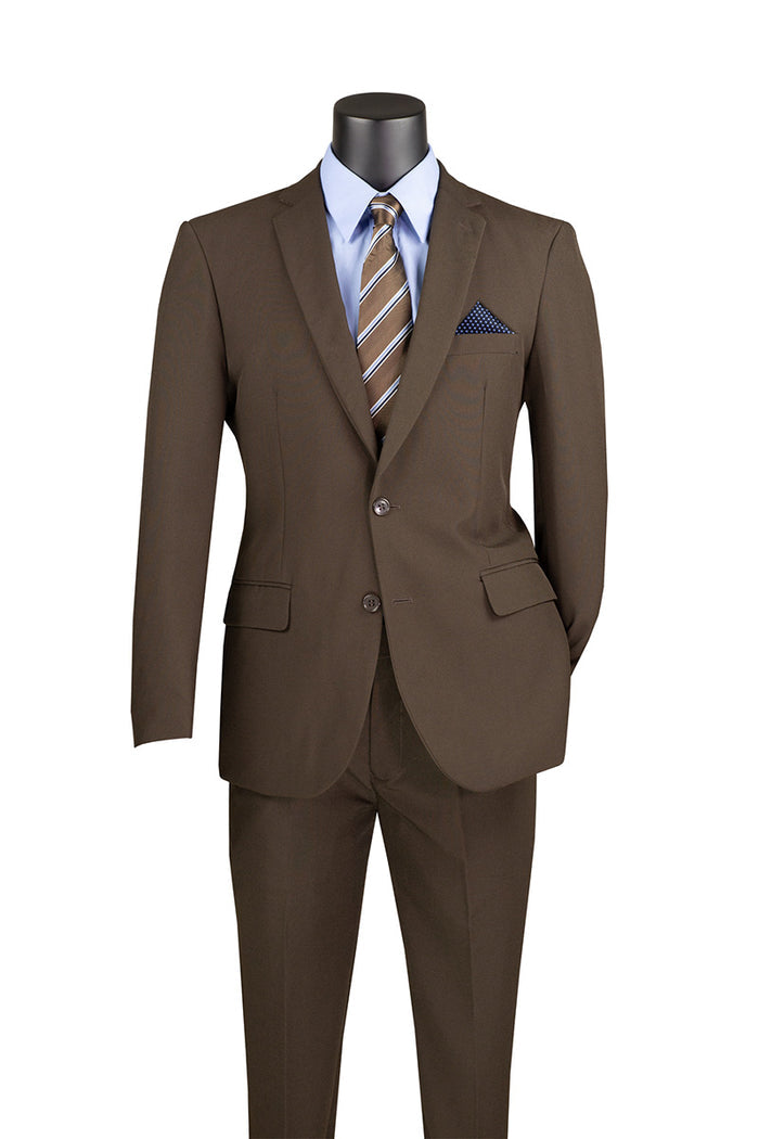 A mannequin displays a Vinci Suits' Slim Fit 2 Piece 2 Button Business Suit Brown S-2PP, paired with a light blue shirt, striped brown tie, and folded pocket square.