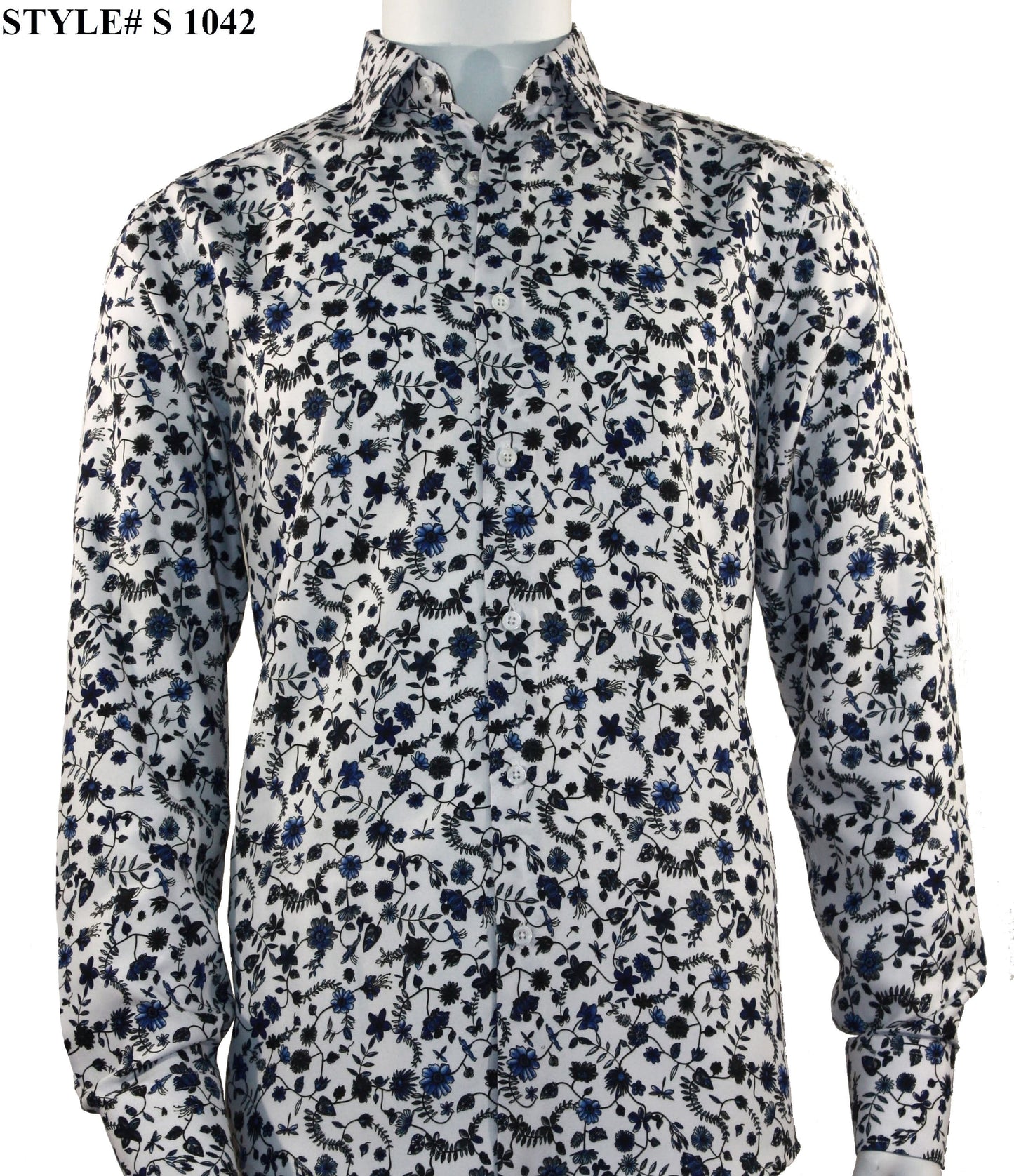 The Sangi Long Sleeve Shirt, style #S 1042, by Sangi showcases a modern fit with a black and blue floral pattern on a white background and is displayed in the top left corner.