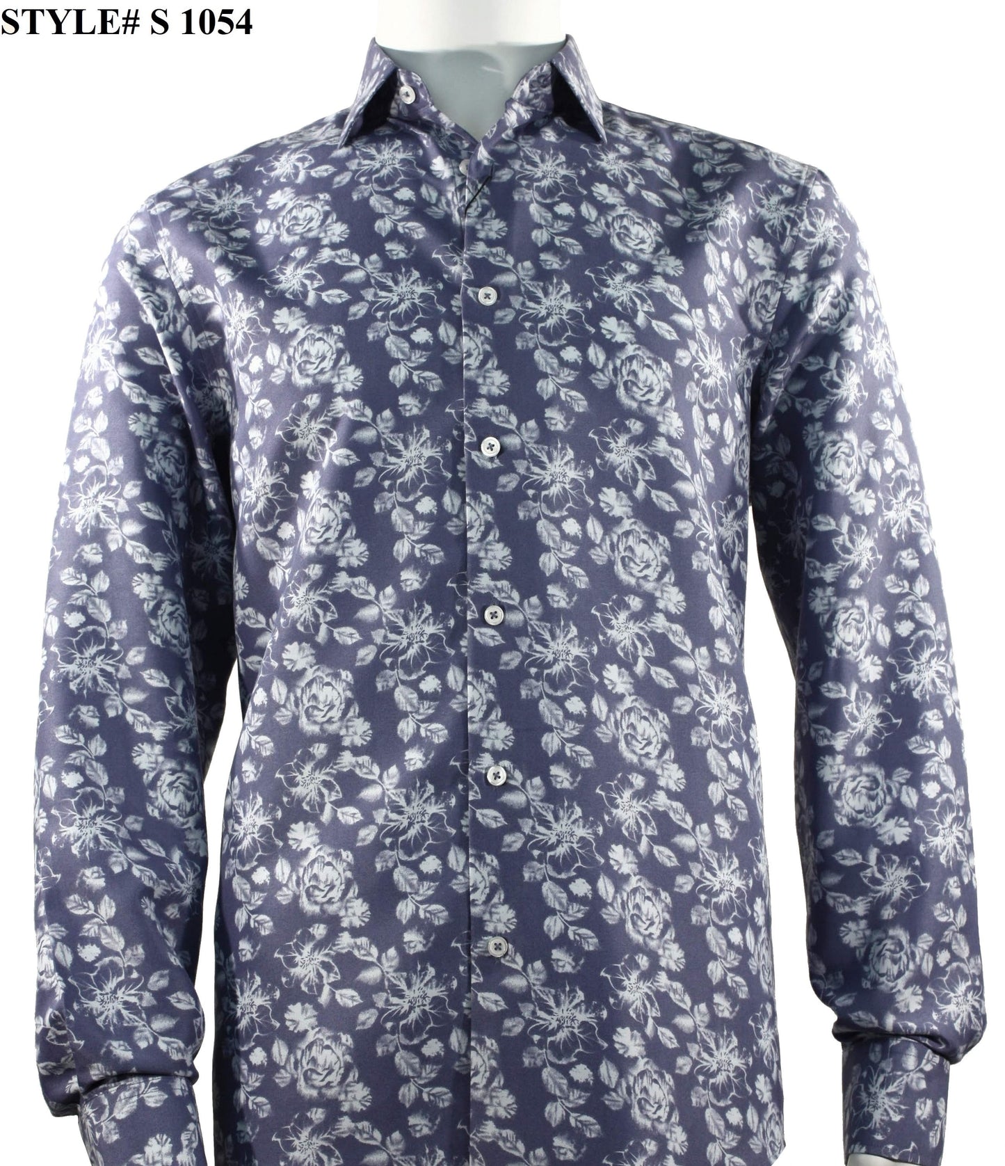 A mannequin showcases the Sangi Long Sleeve Shirt in a blue and white floral pattern, featuring the Modern Fit style. The product, labeled with style number S 1054, has its unique identifier printed discreetly in the top left corner.